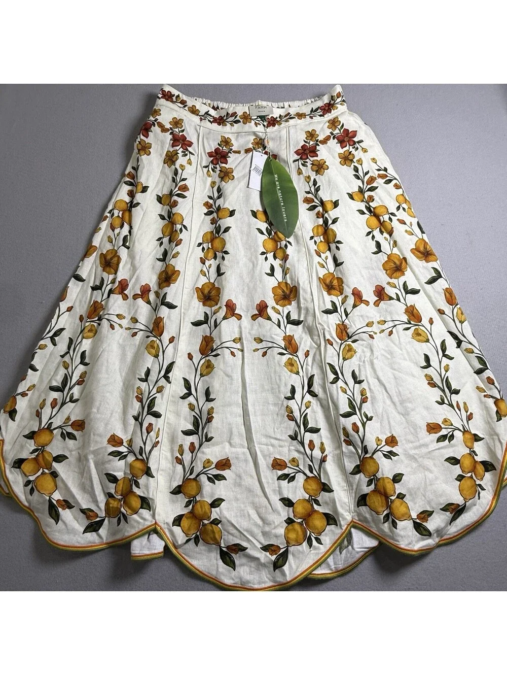 Farm Rio Lemon Bouquet Linen Blend Midi Skirt Medium M New NWT Off-White Floral